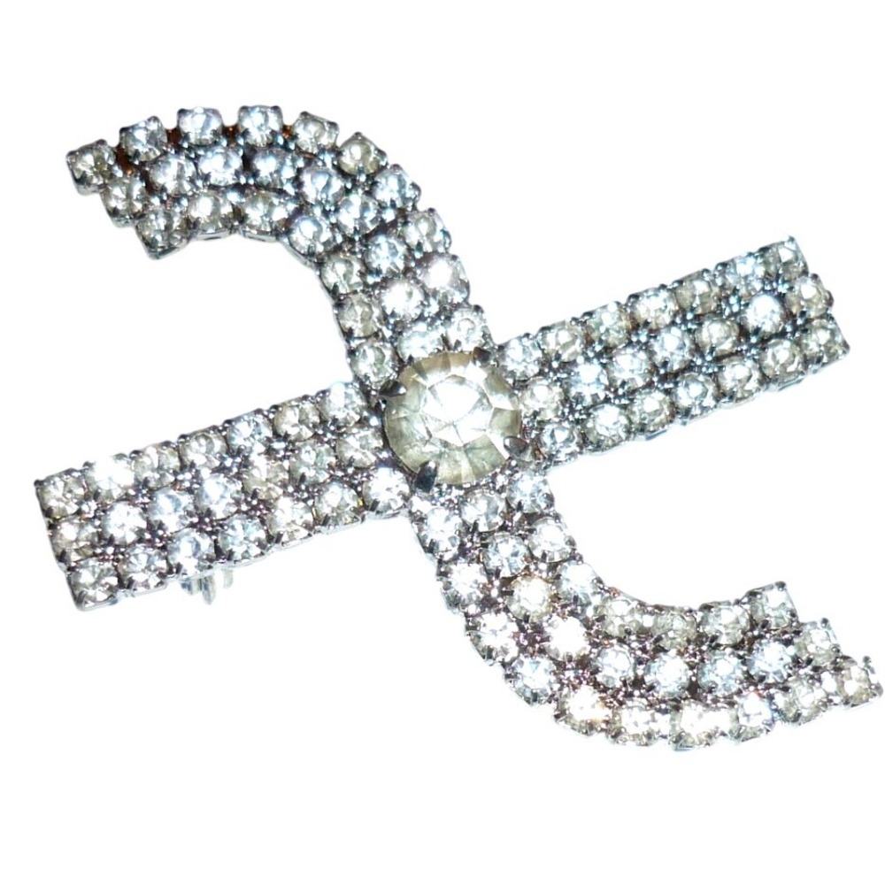 Vintage NOS Sue Ellen England Brooch Pin Clear Austrian Crystal Ribbon Cross